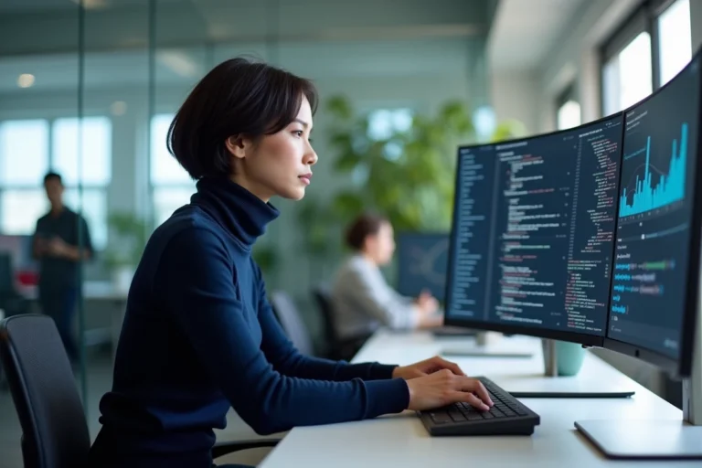 Femme développeuse informatique concentrée devant un écran ultrawide avec du code dans un bureau moderne et minimaliste