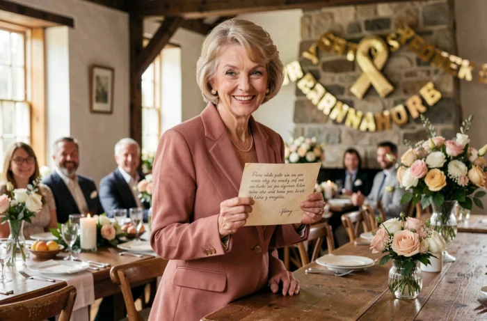 Femme élégante d'âge mûr lisant un discours humoristique lors d'un anniversaire de mariage de 50 ans dans une salle de réception décorée