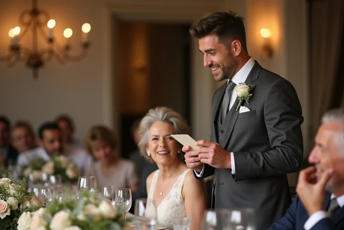 Un homme en costume prononce un discours intime pour les parents de la mariée pendant le repas de mariage