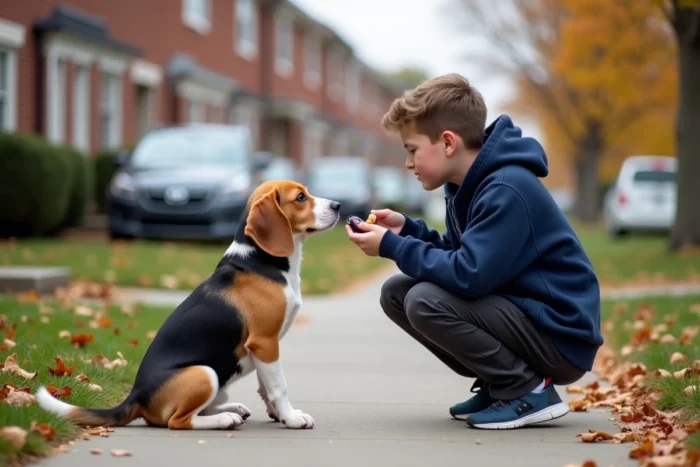 Adolescent entraînant son beagle à s'asseoir sur un trottoir en automne, astuces et dressage pour maîtres de chiens