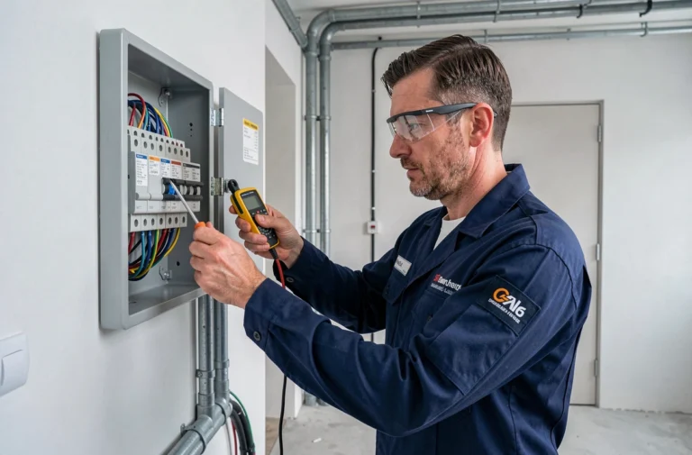 Électricien professionnel inspectant un tableau électrique avec un multimètre dans une maison moderne