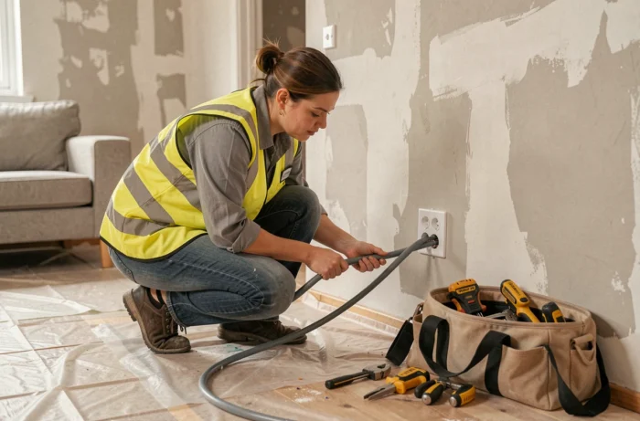 Électricienne professionnelle installant une prise murale dans un salon en cours de rénovation