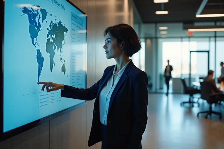 Élue municipale utilisant un tableau de bord numérique interactif dans une salle de réunion de mairie modernisée