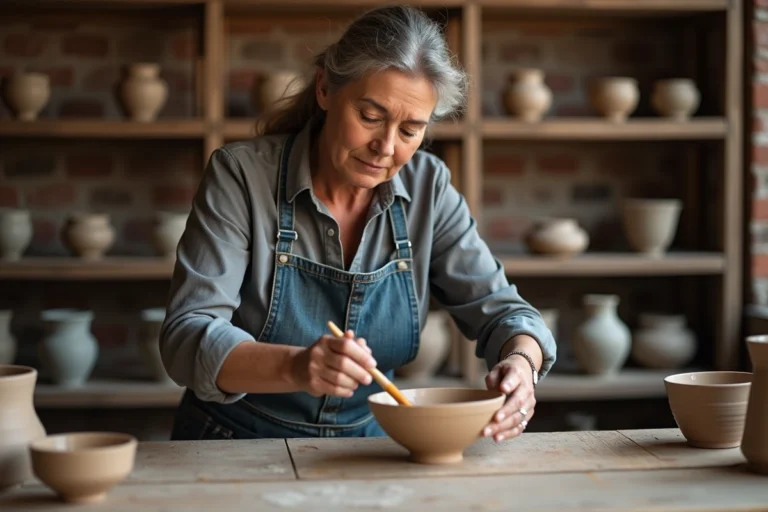Céramiste appliquant de l'émail liquide sur un bol en céramique dans un atelier artisanal