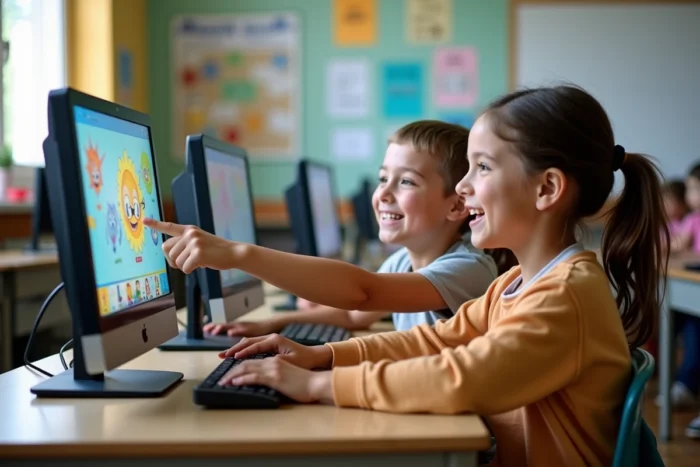 Deux enfants qui apprennent ensemble en jouant à un jeu éducatif en ligne dans une salle de classe