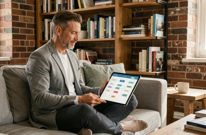 Entrepreneur consultant analysant la carte du site Entrepreneur Land sur une tablette dans un bureau à domicile