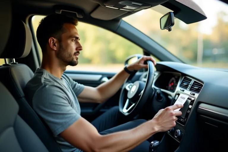 Homme entrant le code autoradio VW sur le tableau de bord d'une Volkswagen Golf