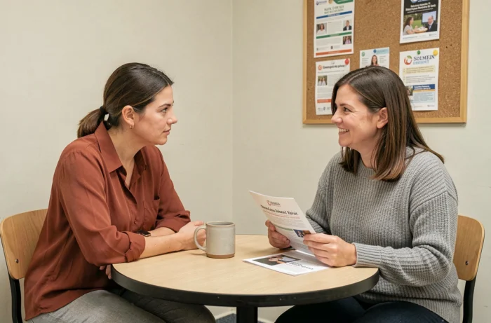 Entretien entre une femme et une conseillère dans un centre d'association de soutien, avec brochures et ambiance accueillante