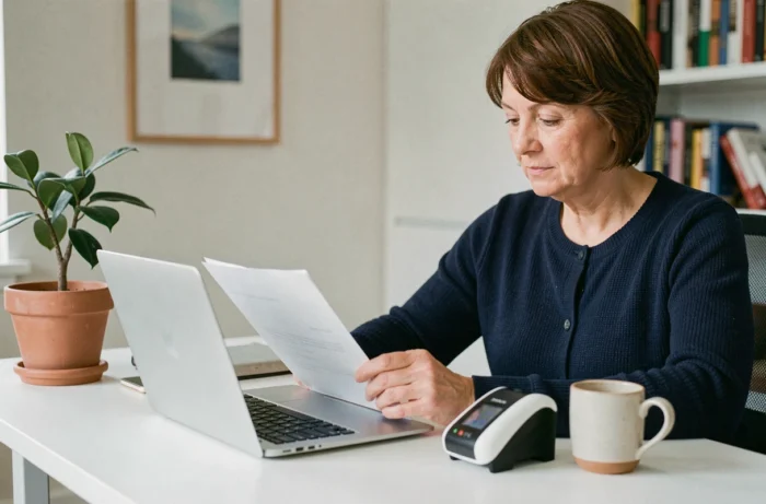 Femme scannant un document à envoyer en ligne depuis son bureau à domicile