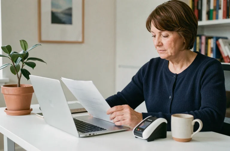 Femme scannant un document à envoyer en ligne depuis son bureau à domicile