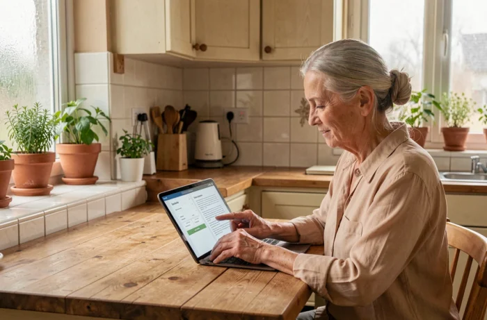 Femme senior envoyant des documents à Agirc-Arrco depuis sa tablette dans la cuisine