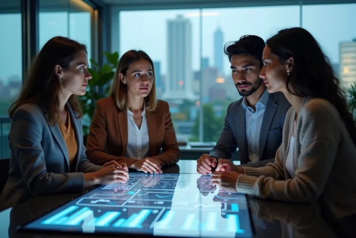 Équipe de professionnels analysant des données sur un écran intelligent connecté, innovations high-tech incontournables 2024