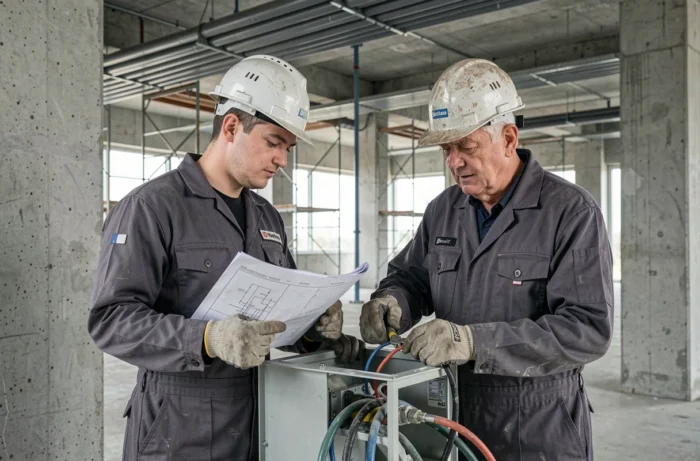 Deux électriciens professionnels collaborant sur une installation électrique dans un bâtiment commercial en construction