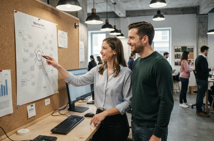 Deux collègues en startup examinant la carte du site Entrepreneur Land affichée sur un tableau de liège