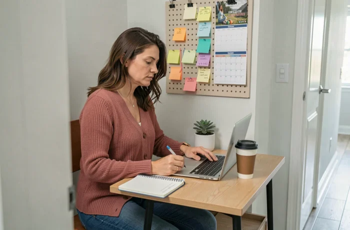 Mère moderne travaillant dans un espace bureau à domicile organisé avec un calendrier familial et des outils de planification parentale