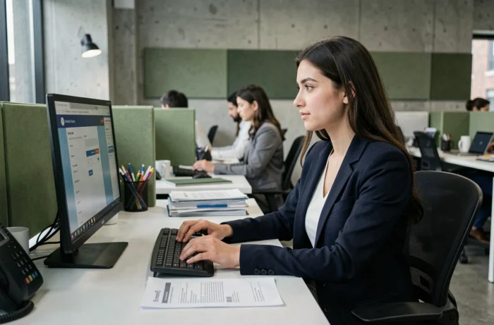 Jeune femme accédant à son espace locataire en ligne depuis un espace de coworking avec documents imprimés
