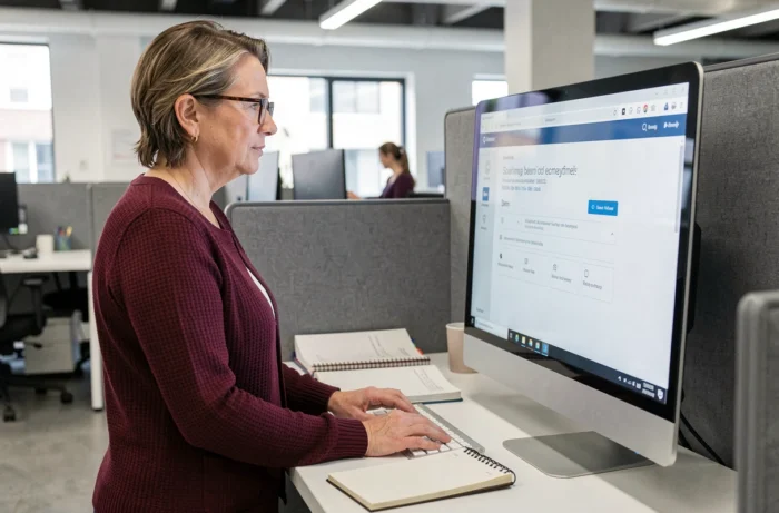 Femme se connectant à son espace personnel Comptalia sur un ordinateur de bureau en open-space
