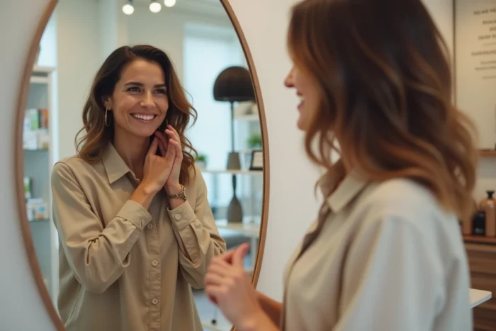 Femme essayant une prothèse capillaire dans une boutique spécialisée avec remboursement mutuelle