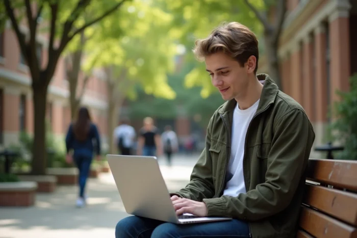Étudiant de NEOMA consultant le guide pratique Neomagora sur son ordinateur portable en extérieur dans la cour du campus