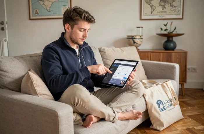 Étudiant masculin accédant à l'espace numérique de travail de l'université La Rochelle sur tablette depuis son salon