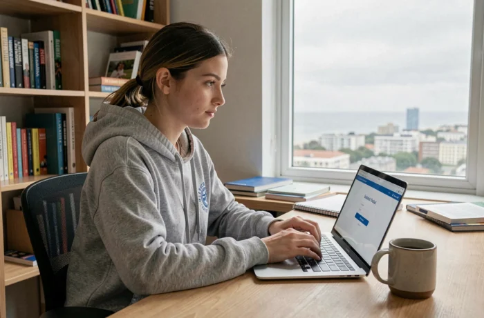 Étudiante connectée à l'ENT de l'université de La Rochelle depuis son appartement sur ordinateur portable