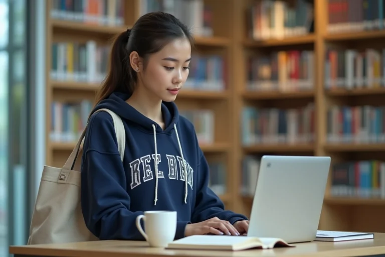 Étudiante de NEOMA Business School consultant Neomagora sur son ordinateur portable dans une bibliothèque universitaire moderne