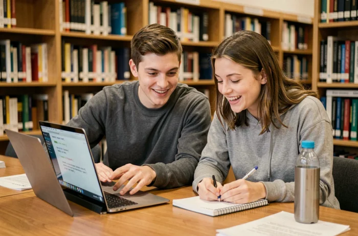 Deux étudiants collaborant pour apprendre la programmation JavaScript dans une bibliothèque universitaire