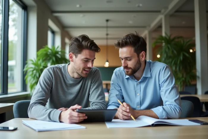 Deux étudiants de NEOMA collaborant sur la plateforme Neomagora dans un espace de travail collaboratif moderne du campus