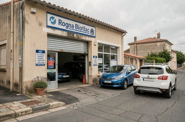 Façade extérieure d'un garage automobile indépendant avec des voitures garées devant, situé dans une rue commerciale à Rognac