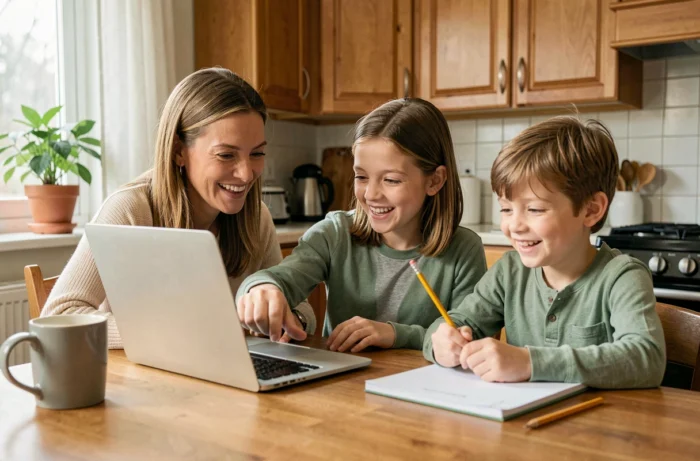 Mère et deux enfants utilisant un ordinateur portable ensemble à la table de cuisine pour des activités éducatives en famille