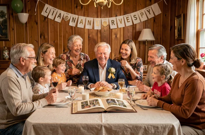 Famille multigénérationnelle réunie pour fêter les 50 ans de mariage des grands-parents autour d'un album photo lors d'un repas de noces d'or