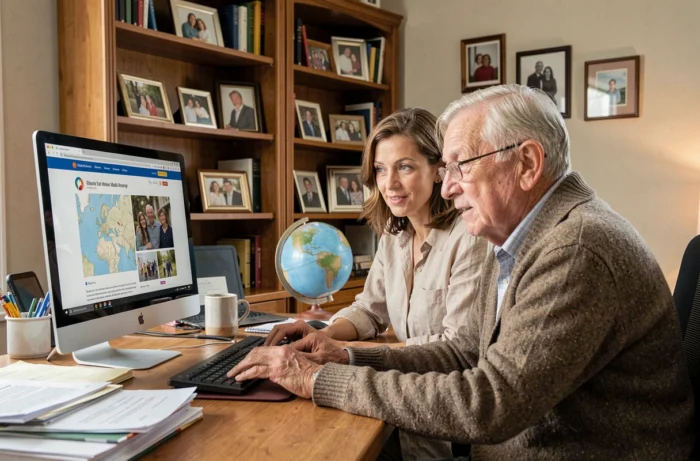 Femme adulte et grand-père explorant ensemble des ressources en ligne sur un ordinateur dans un bureau à domicile