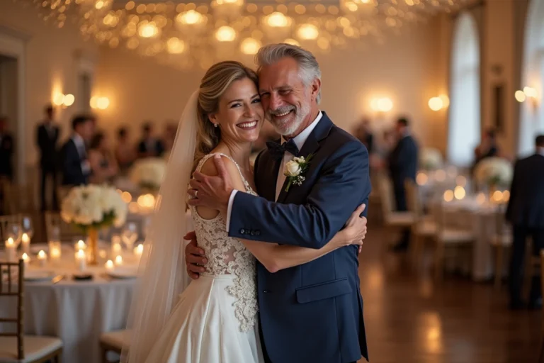 Famille réunie lors d'un mariage, la mariée embrasse ses parents souriants dans une salle de réception décorée