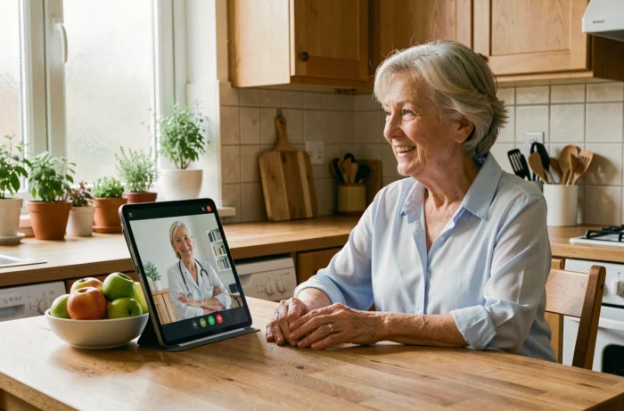 Femme âgée en téléconsultation médicale avec un médecin via tablette dans sa cuisine