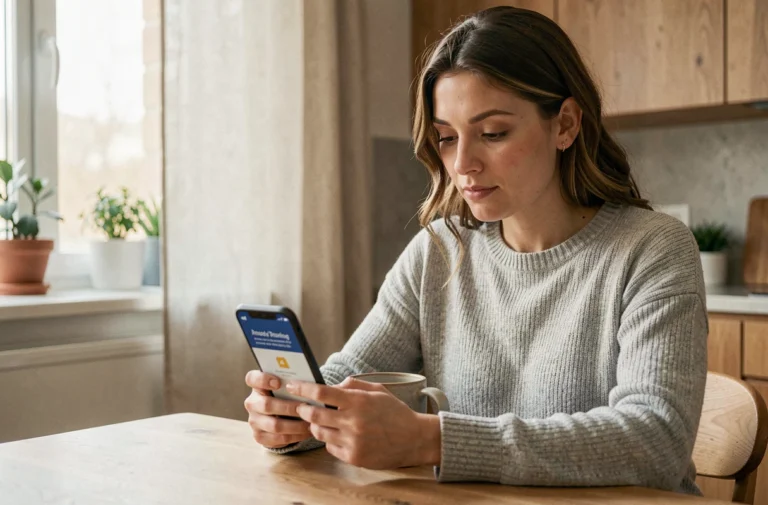 Femme consultant une alerte SMS de son compte Crédit Agricole sur son smartphone dans une cuisine moderne