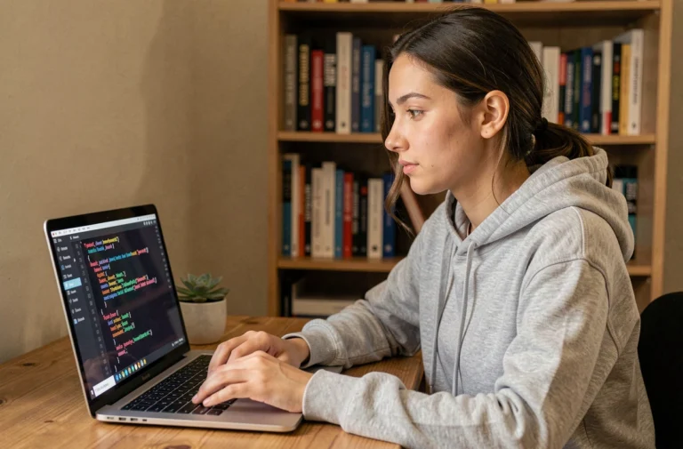 Jeune femme apprenant à coder en Python sur un ordinateur portable dans un bureau à domicile