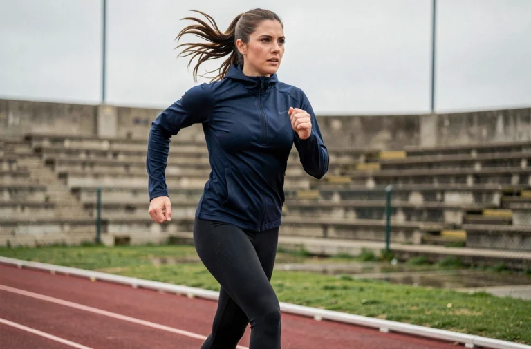 Femme athlète en pleine course sur une piste d'athlétisme, illustrant la pratique du sport et l'entraînement physique