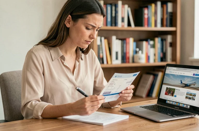 Femme consultant un billet Air France à son bureau pour modifier le nom