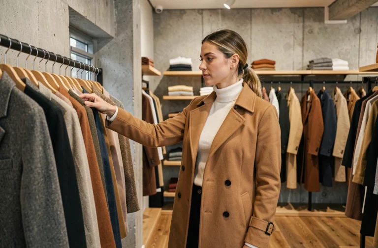 Femme élégante en manteau camel explorant des vêtements tendance dans une boutique de mode minimaliste