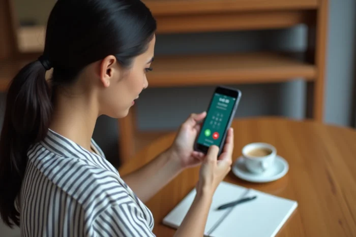 Jeune femme consultant l'indicatif téléphonique +39 de l'Italie sur son smartphone dans un café milanais