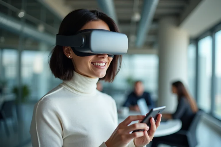 Femme portant un casque de réalité augmentée dans un espace de travail high-tech moderne, tendances innovations 2024