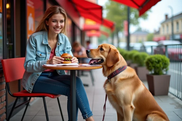 Femme souriante mangeant un burger en terrasse de fast-food avec son golden retriever assis à ses côtés
