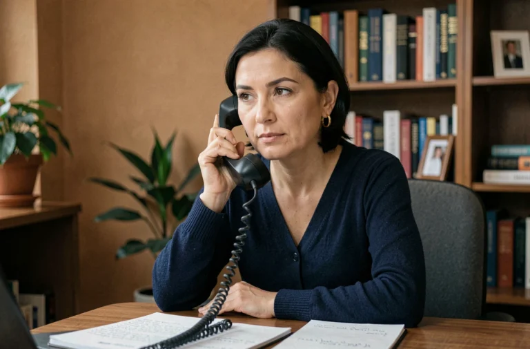 Femme appelant une association de soutien pour femmes depuis son bureau à domicile, avec un carnet de notes et un téléphone fixe