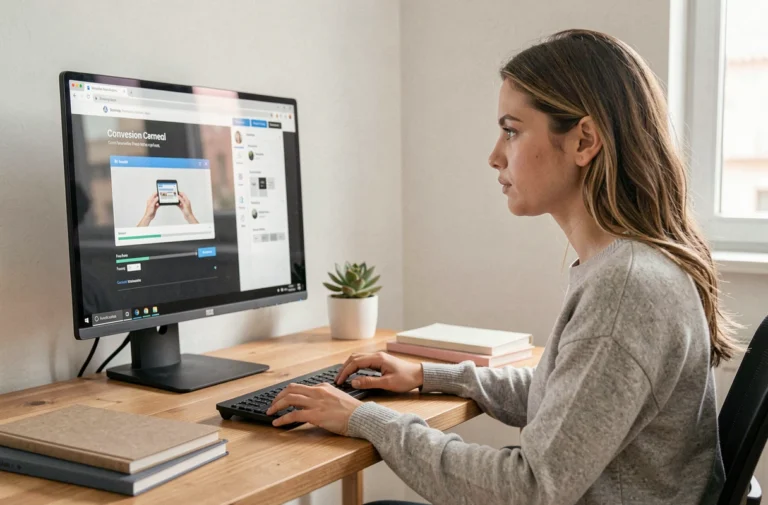 Jeune femme utilisant un convertisseur de vidéo YouTube en ligne sur son ordinateur de bureau à domicile