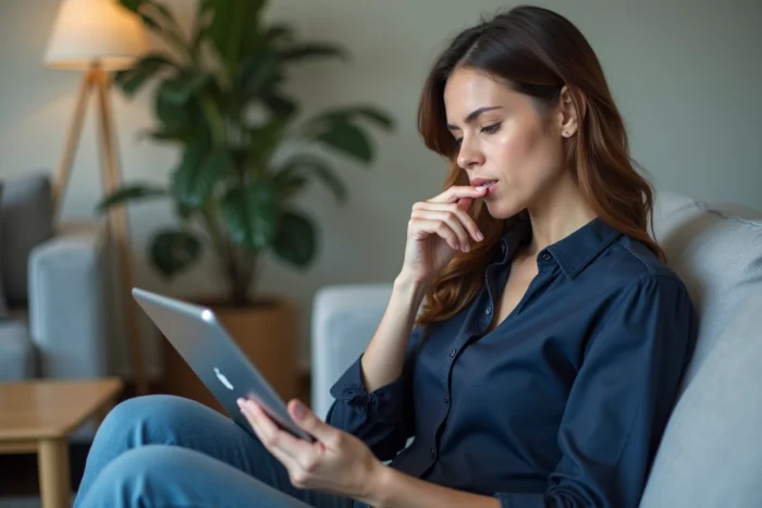 Femme consultant un écran de dépannage de connexion sur une tablette dans un salon moderne, symbolisant la recherche de solutions à des problèmes d'accès