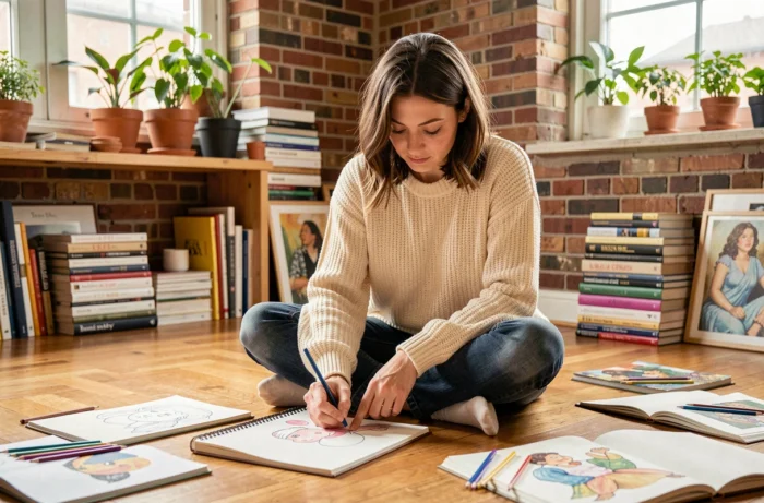 Femme dessinant dans un carnet de croquis entourée de crayons de couleur dans un atelier créatif à domicile