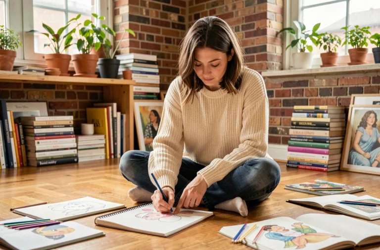 Femme dessinant dans un carnet de croquis entourée de crayons de couleur dans un atelier créatif à domicile