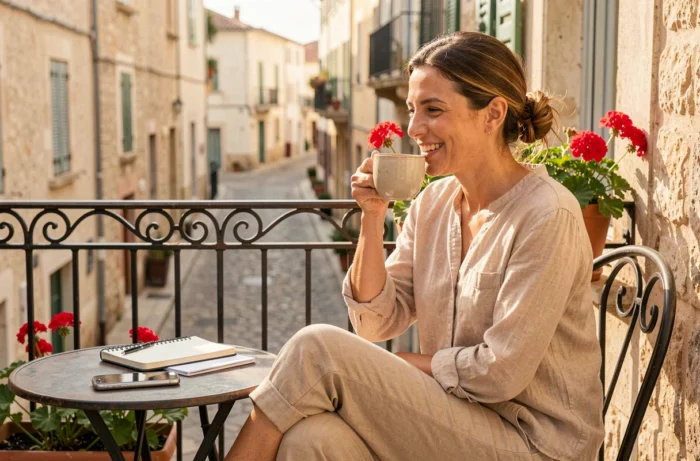 Femme détendue profitant de son temps libre sur une terrasse à Nîmes grâce à une femme de ménage professionnelle