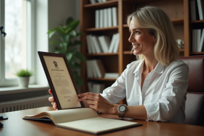 Femme diplômée contemplant son diplôme officiel encadré dans un bureau professionnel