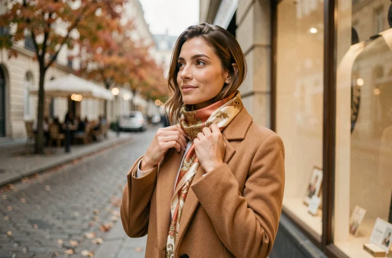 Femme élégante portant un manteau camel et un foulard en soie dans une rue pavée parisienne en automne